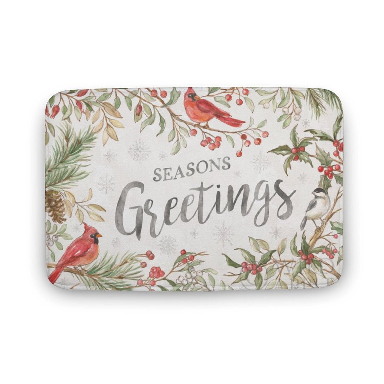 Seasons Greetings bath rug featuring cardinal birds, berries and pine branches, non-slip and absorbent.