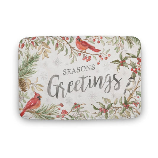 Seasons Greetings bath rug featuring cardinal birds, berries and pine branches, non-slip and absorbent.