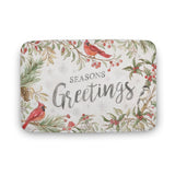 Seasons Greetings bath rug featuring cardinal birds, berries and pine branches, non-slip and absorbent.