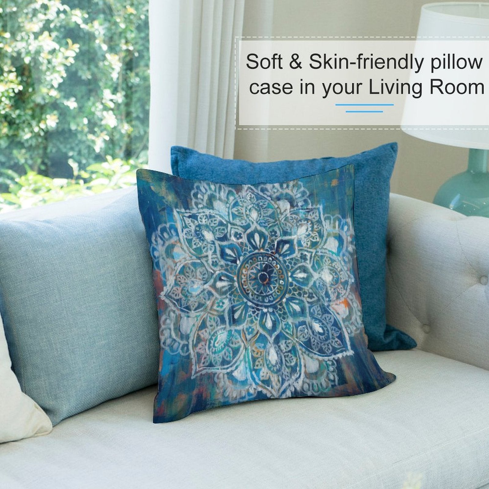 Blue mandala plush pillow cover on sofa, soft and skin-friendly for living room, decorative design