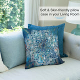 Blue mandala pillow cover on sofa. Soft plush fabric, decorative for living room. MyArtsyGift home decor.