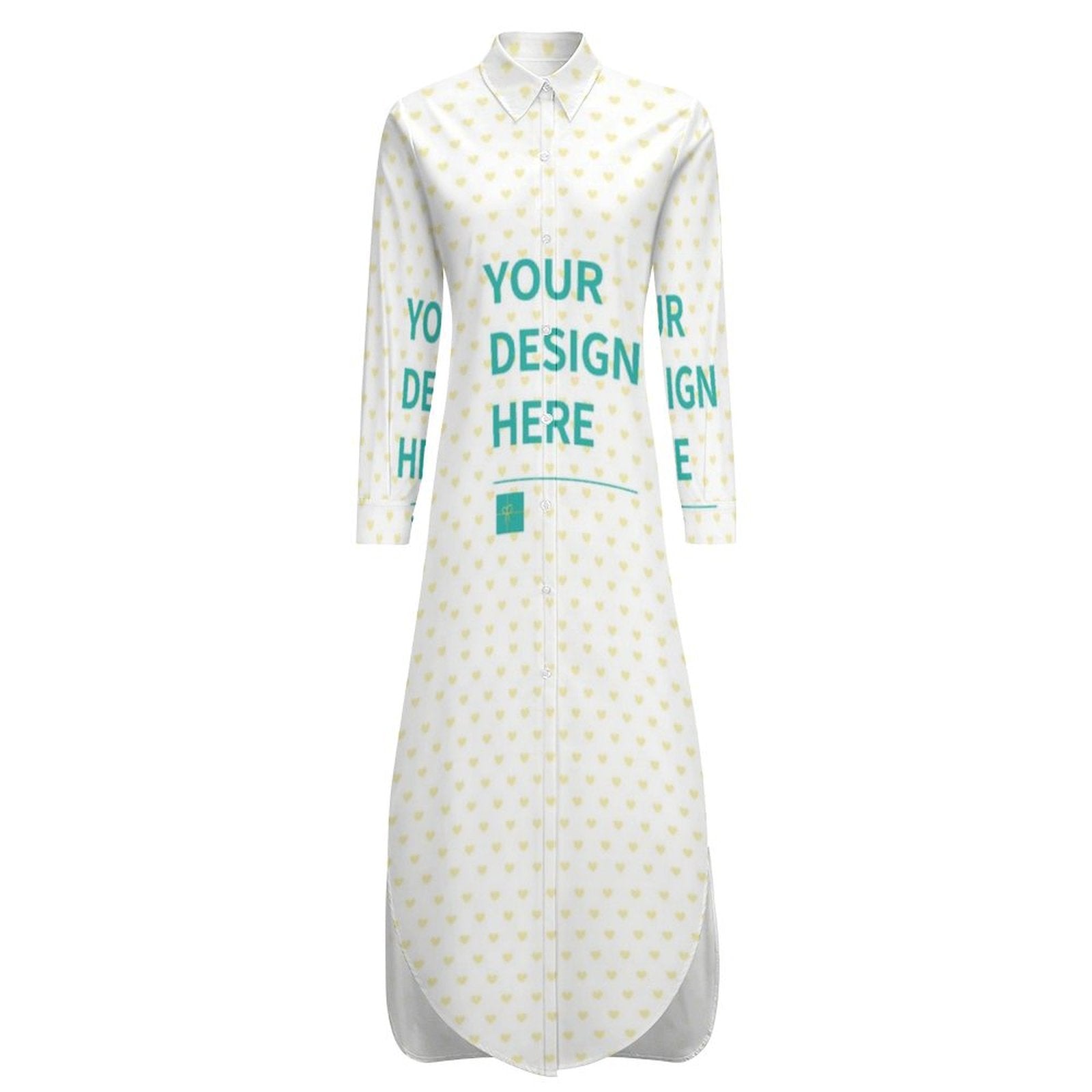Customizable white heart pattern long sleeve shirt dress with your design, soft and comfortable material