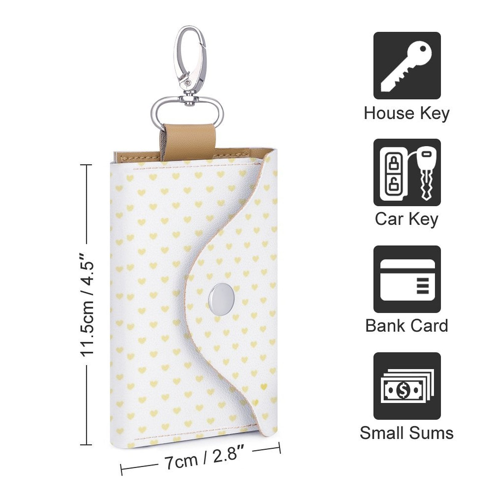 Heart print leather keybag. Key storage with House Key, Car Key, and Bank Card icons. A unique gift.