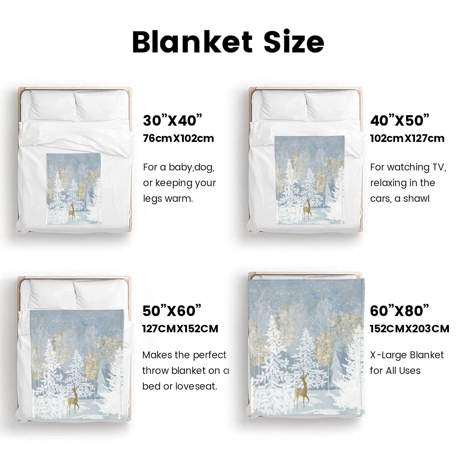 Blue winter forest flannel blanket size guide: 30x40, 40x50, 50x60, and 60x80, perfect for sofa or bed, made in USA.