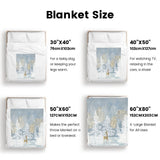Blue winter forest flannel blanket size guide: 30x40, 40x50, 50x60, and 60x80, perfect for sofa or bed, made in USA.