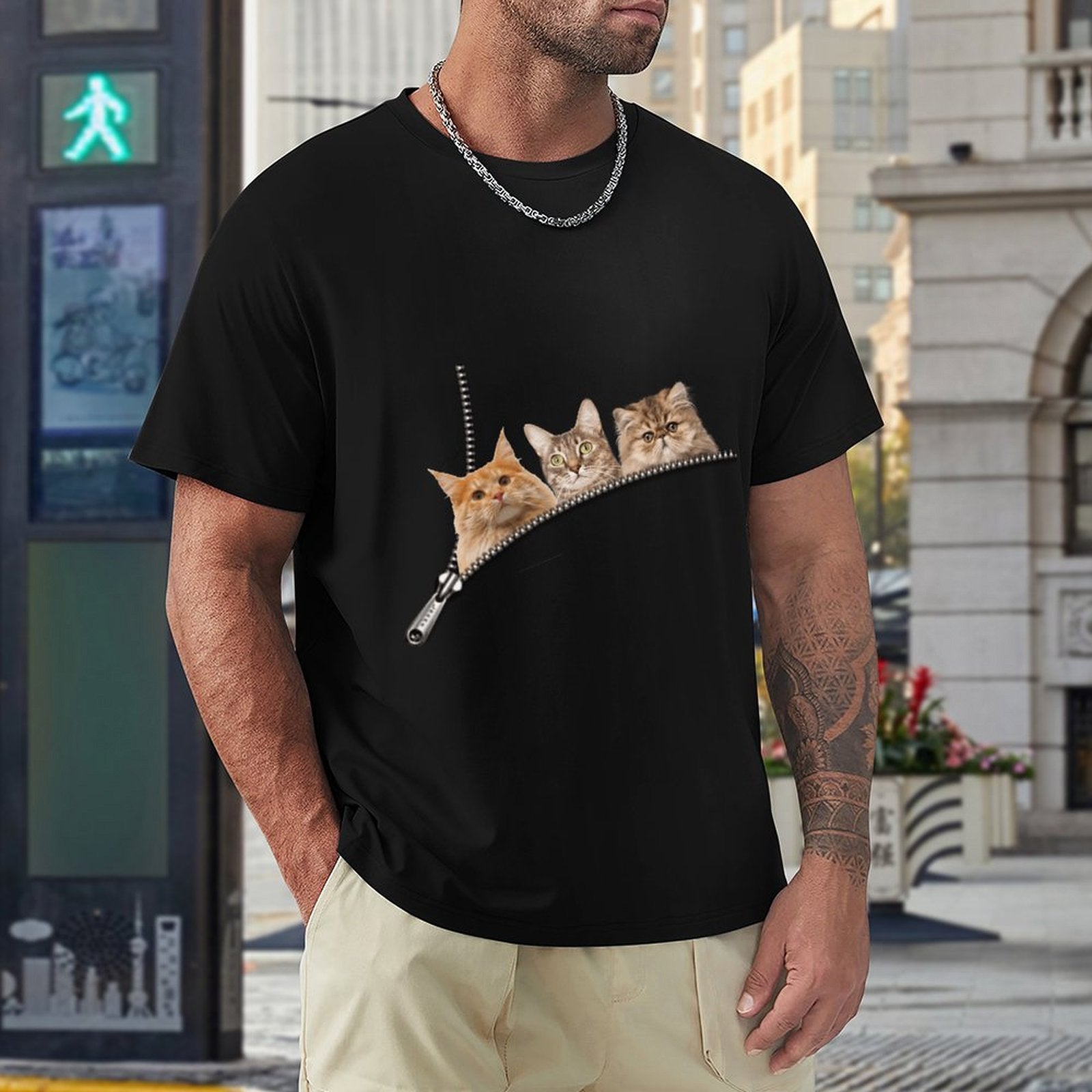 Black men's t-shirt with a cat zipper pocket design. Classic crew neck tee, perfect for cat lovers. Available in sizes S-6XL.
