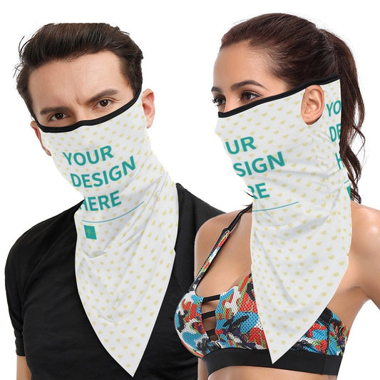 Customizable neck gaiter with ear loops, showcasing 'YOUR DESIGN HERE', ideal face covering for men and women