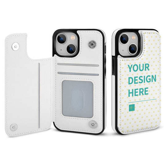 Custom iPhone 14 Series Flip Phone Case with "YOUR DESIGN HERE" in white PU leather, card slots, and magnetic closure.