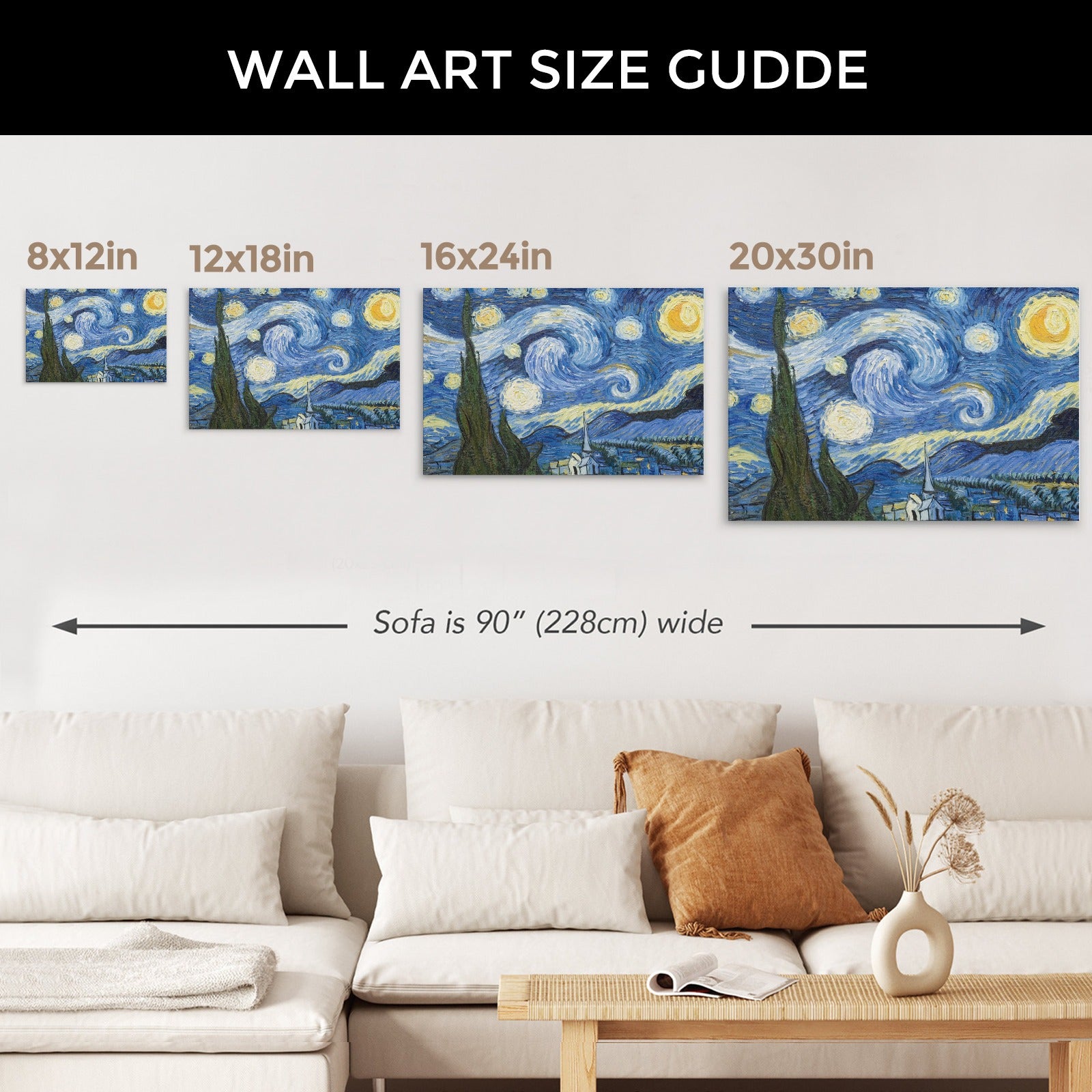 Starry Night canvas art size guide by Van Gogh: blue starry sky wall art for home decor