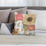 Square throw pillow cover with floral design, featuring roses and sunflowers on a white wood grain background, home decor