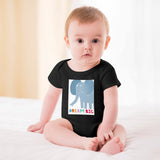 Black baby bodysuit with blue elephant design and "DREAM BIG" text, soft cotton for newborns.