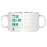 Personalized white ceramic mug, customizable design with "YOUR DESIGN HERE" text, perfect gift