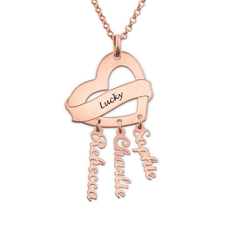 Rose Gold Personalized Heart Necklace with Names - Custom Name Jewelry Gift for Her with Lucky