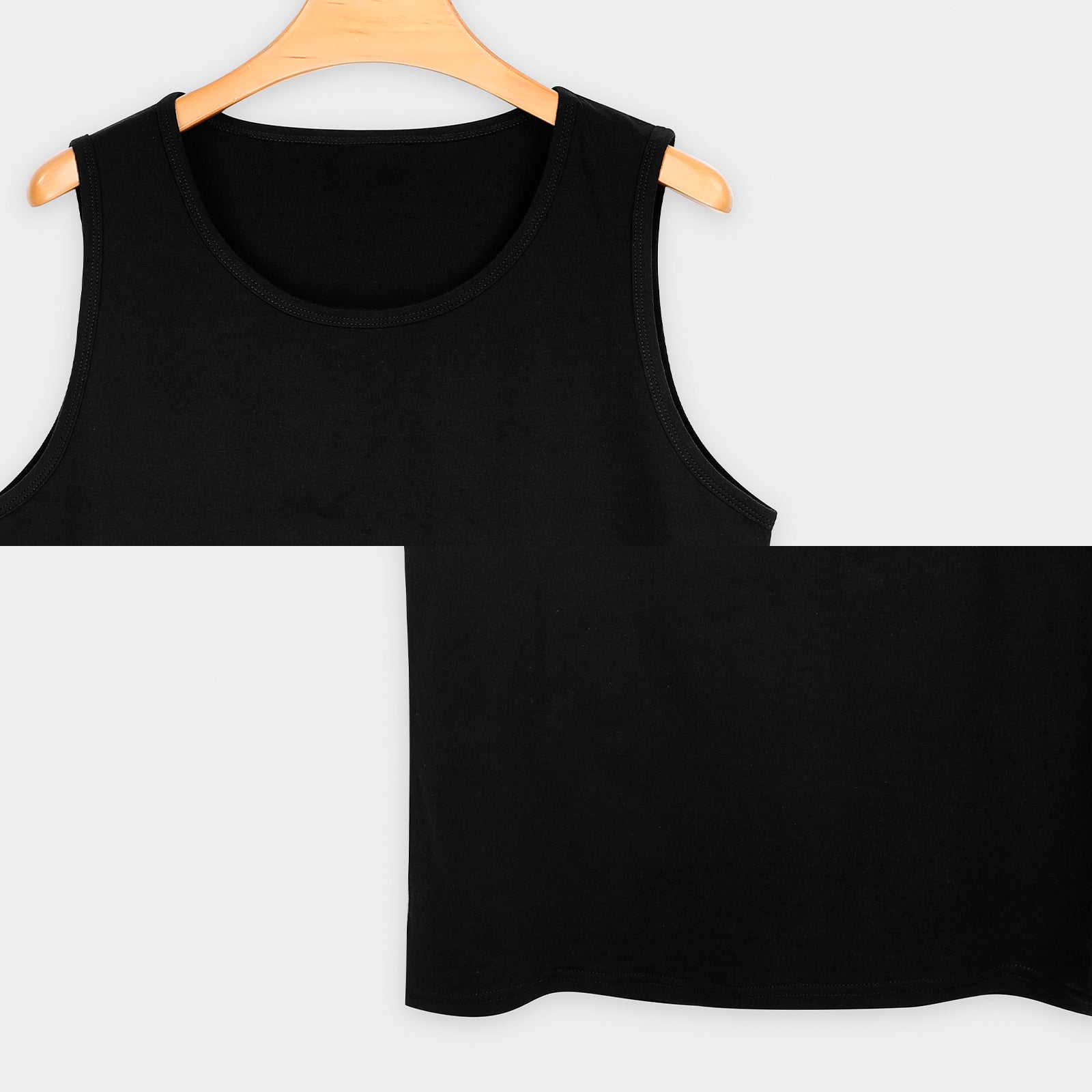 Black mens workout tank top on a wooden hanger, 100% cotton sleeveless shirt