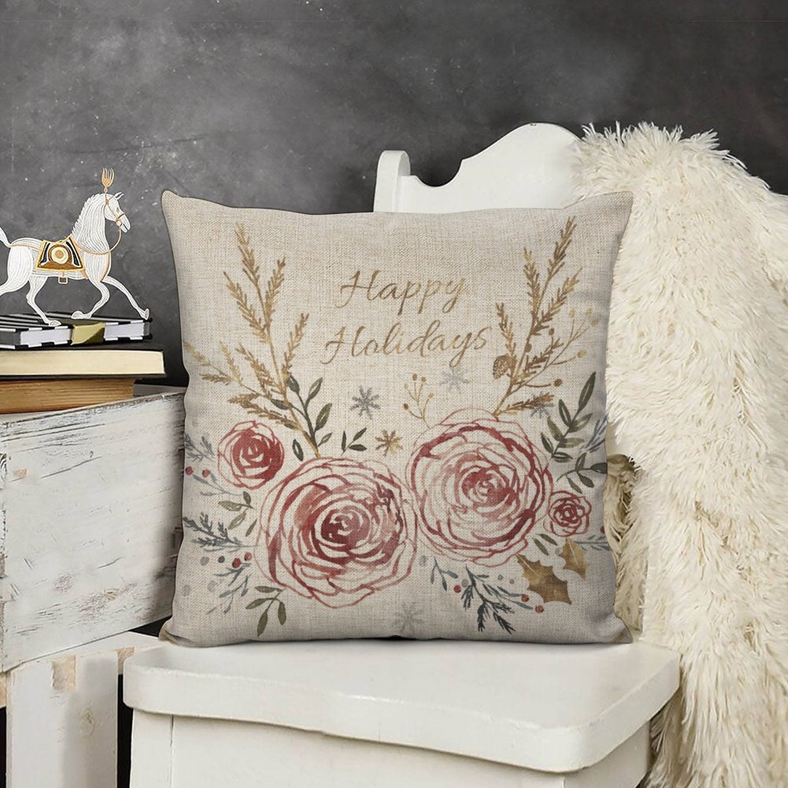 Happy Holidays linen pillow cover with floral design for sofa decor