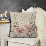 Happy Holidays linen pillow cover with floral design for sofa decor