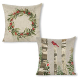 Linen Christmas Pillow Covers: Wreath & Cardinal designs. Square cushion covers for sofa, couch, bed and car.
