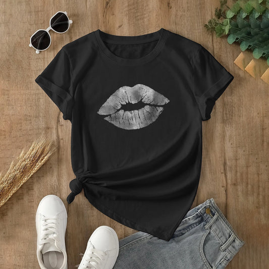 Hollywood Kisssilv Classic Women's T-shirt Made In USA, featuring silver lips graphic, cotton fabric, black color