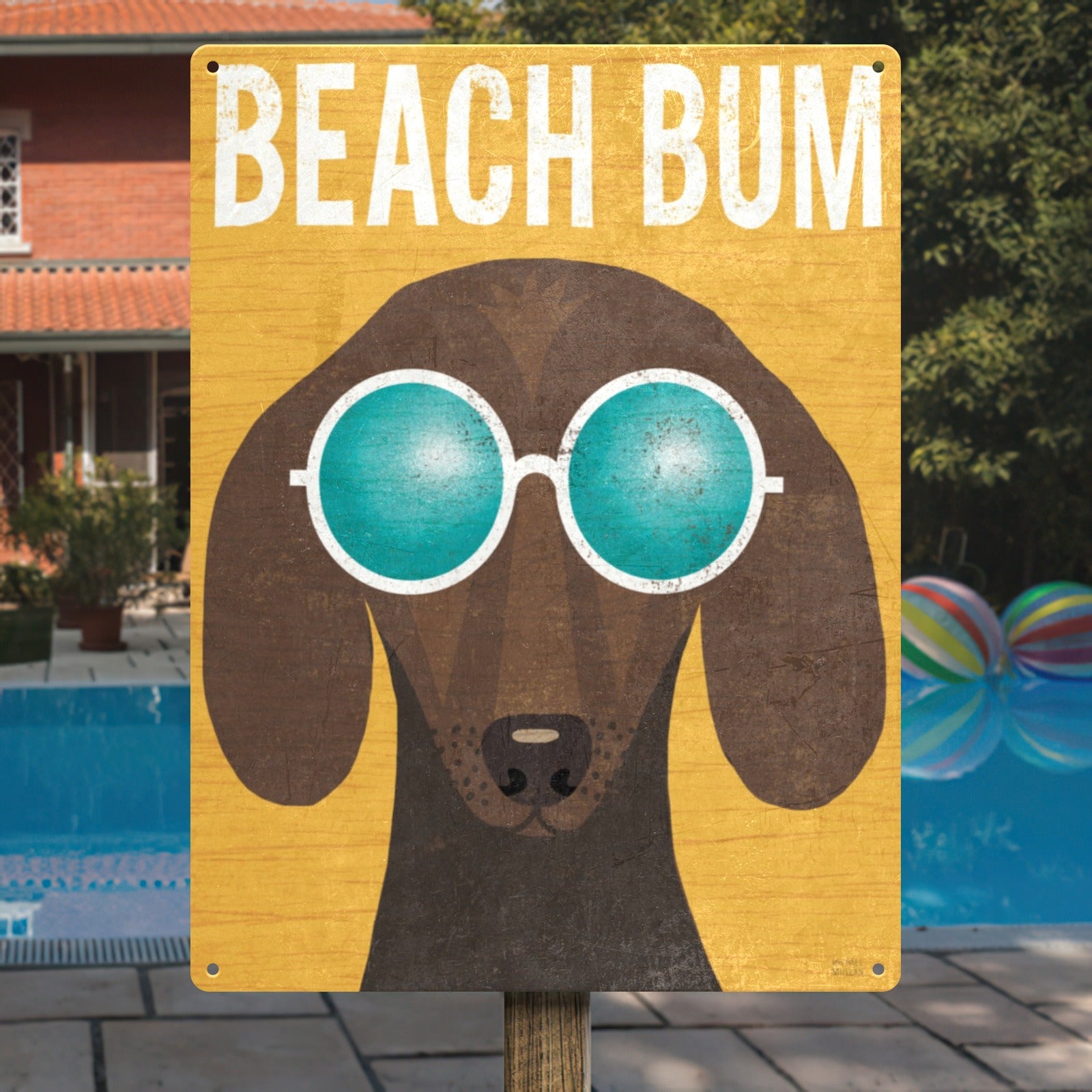 Beach Bum Dachshund Metal Sign with turquoise sunglasses, iron wall art for home decor