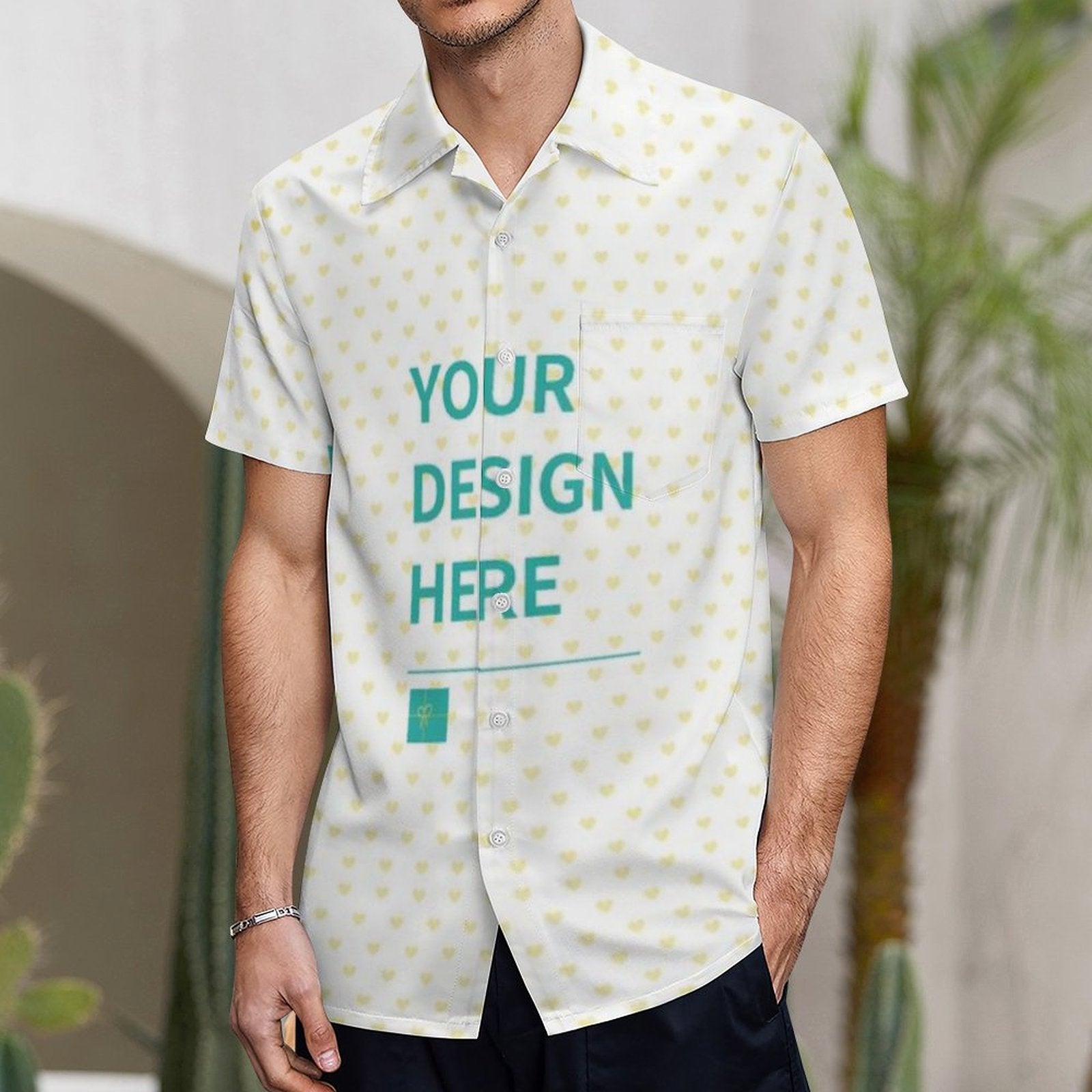 Custom men's short sleeve shirt, white with yellow heart pattern, "Your Design Here" print, polyester fabric.