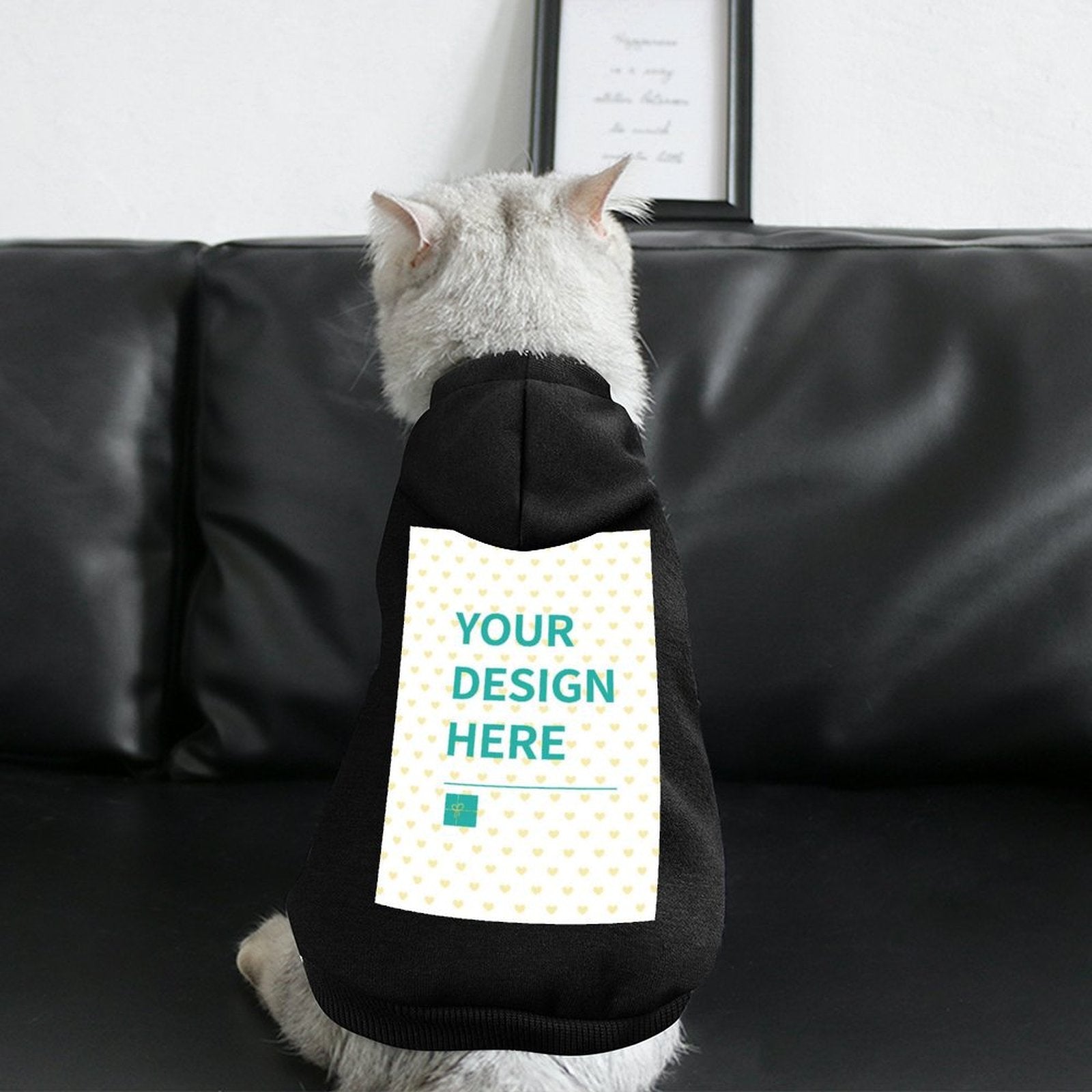 Custom black cat puppy bottoming shirt with hood, "YOUR DESIGN HERE", comfortable pet clothes, and customizable design.