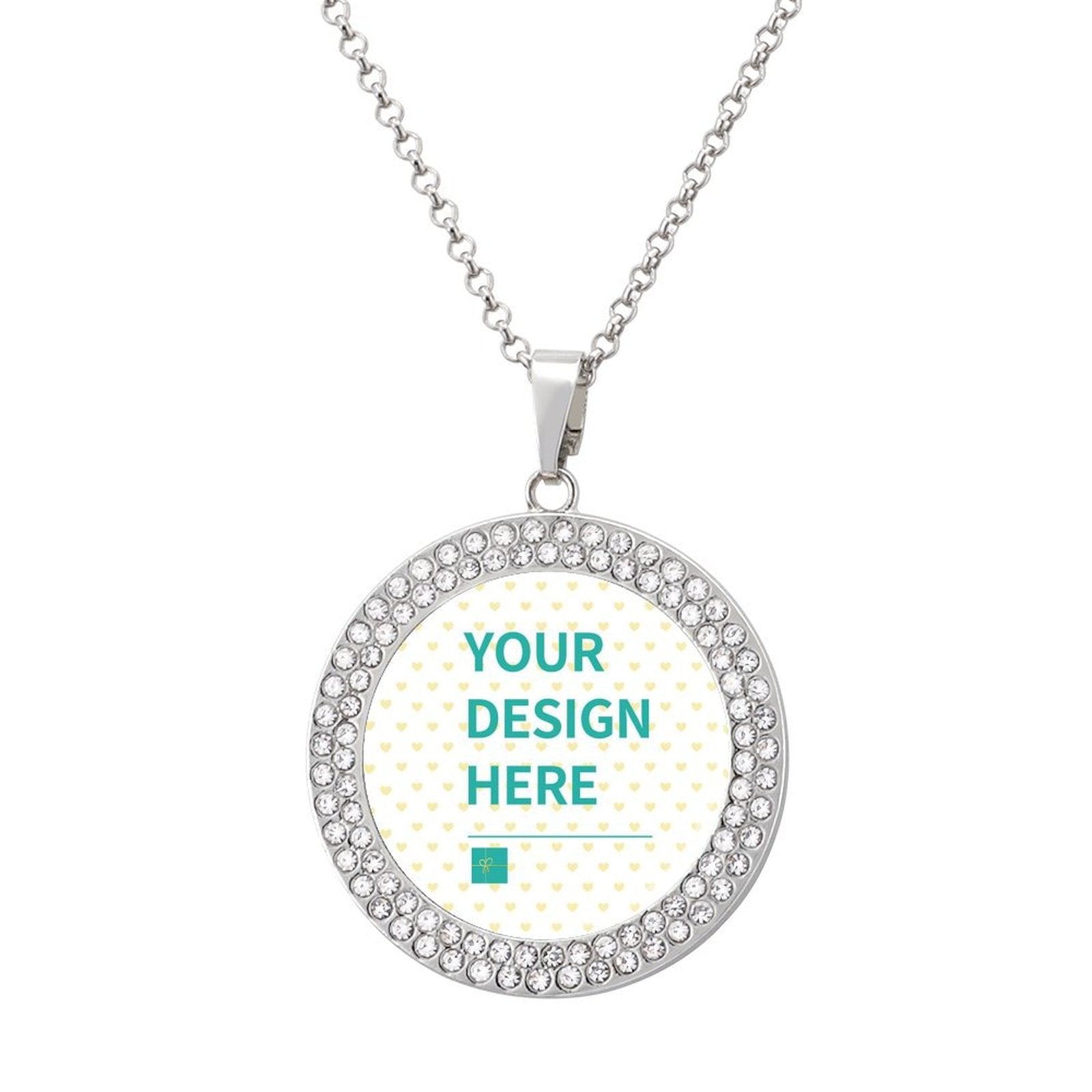 Personalized photo necklace for women. Alloy pendant with crystal accents and 'YOUR DESIGN HERE' design. Perfect gift.