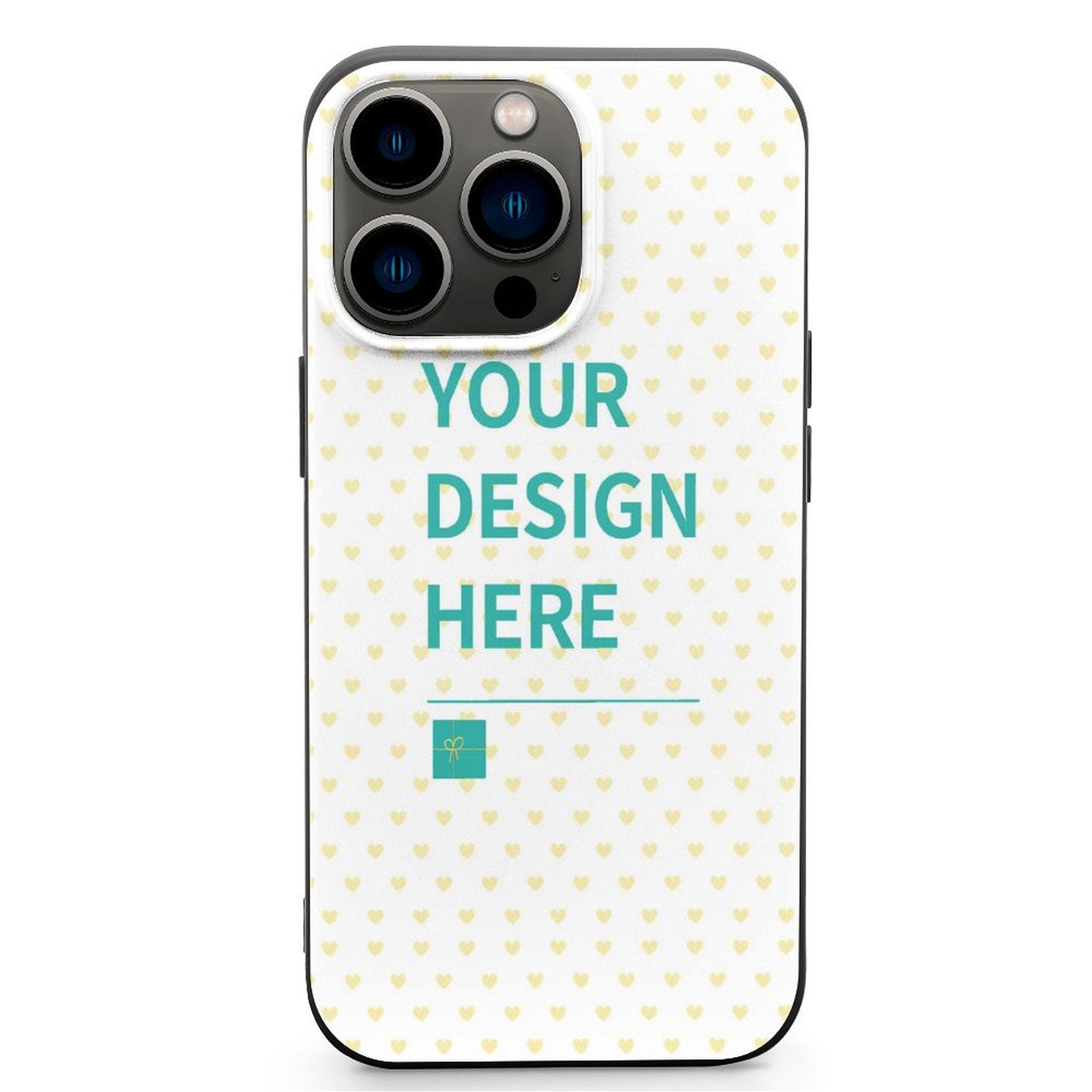 Custom iPhone 13 case with 'YOUR DESIGN HERE' text, heart pattern, and TPU material