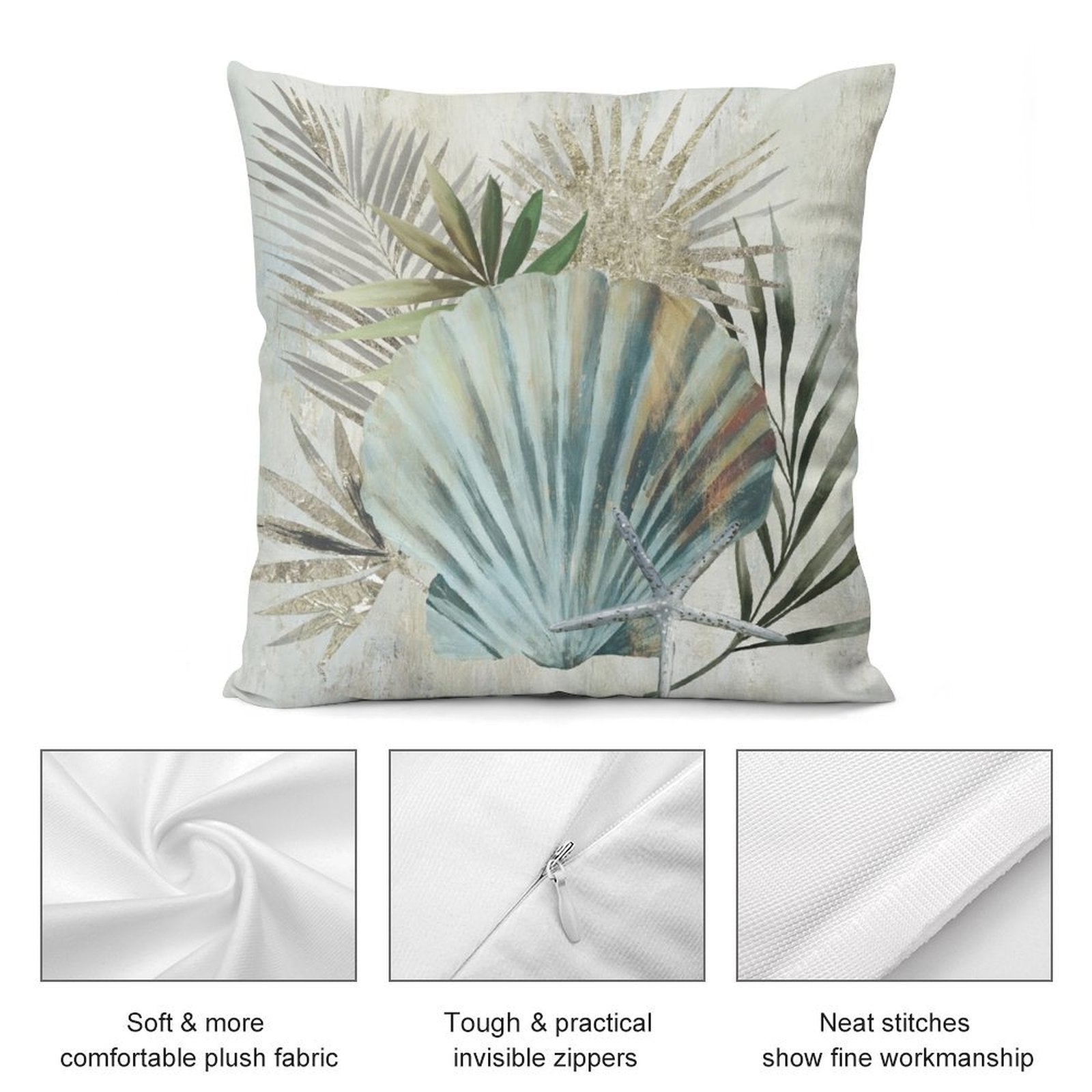 Plush throw pillow cover with seashell and palm leaf design, soft fabric and invisible zipper, perfect for sofa decor