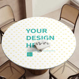 Personalized round tablecloth with custom design, perfect for dining or patio. Features "Your Design Here" and heart pattern.