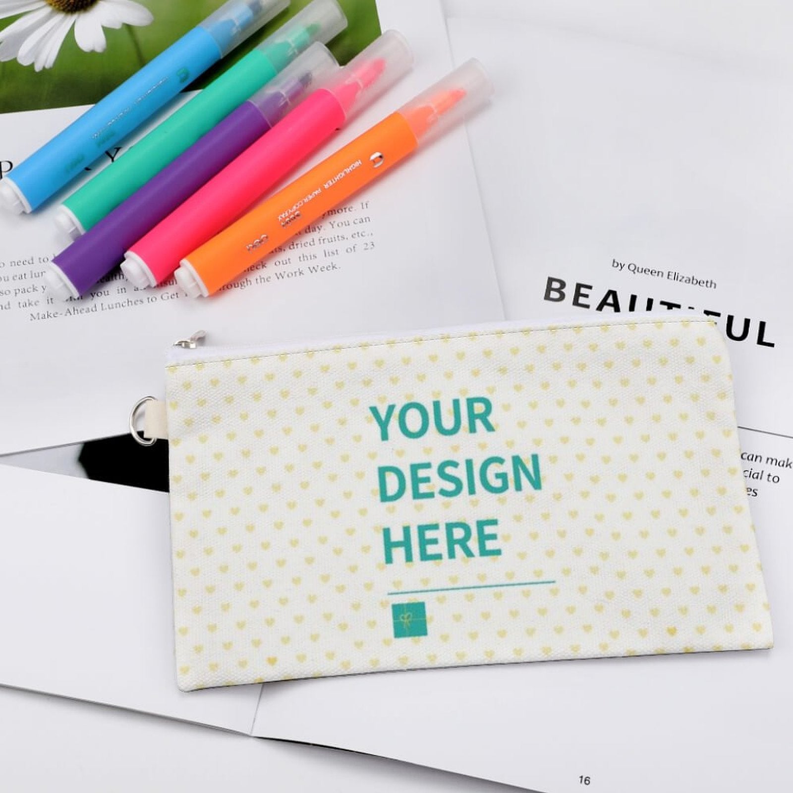 Customizable canvas coin purse with "YOUR DESIGN HERE" text, mini wallet with zipper, perfect for personalization.