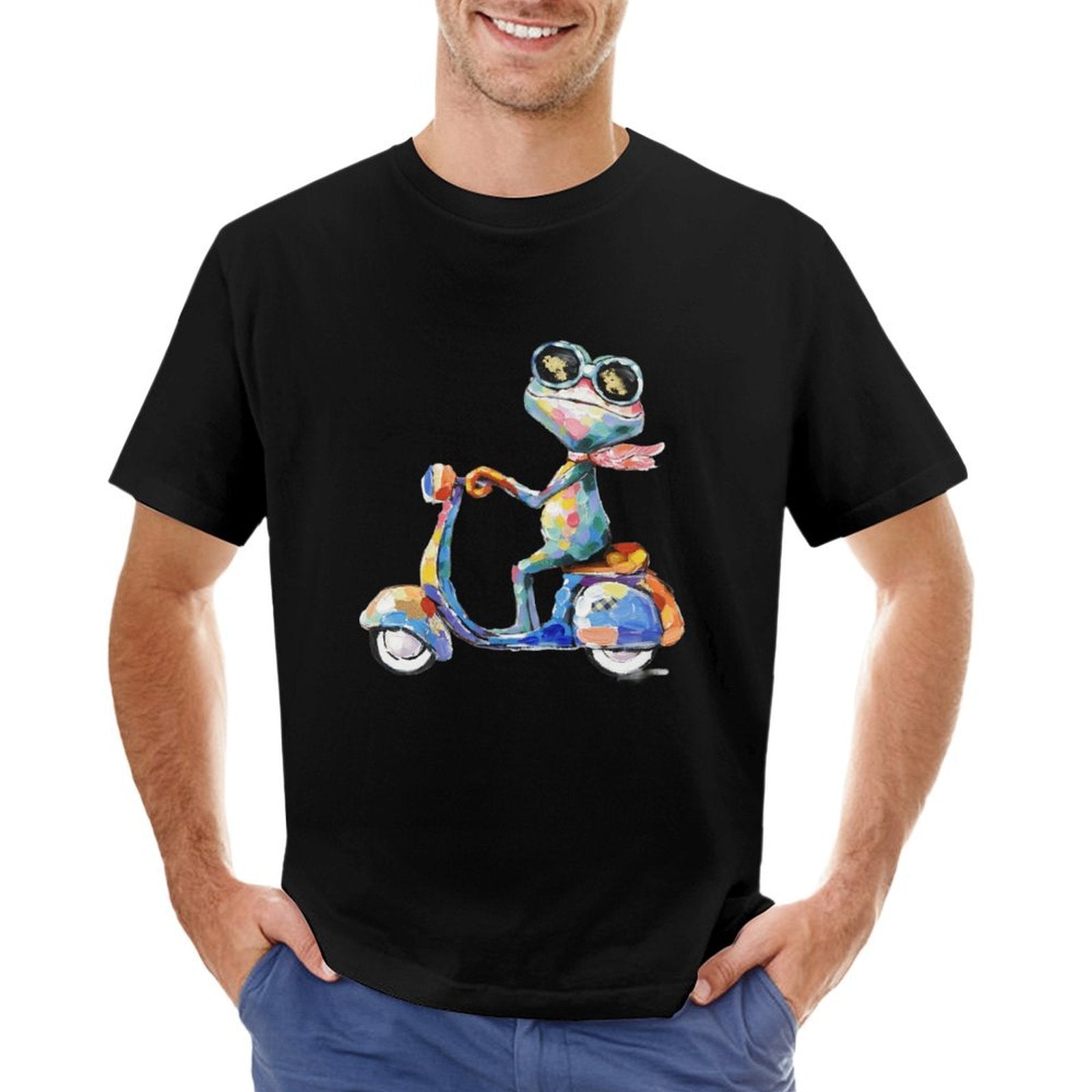 Men's black short sleeve t-shirt with colorful frog on scooter design, MyArtsyGift, Classic Tees for Men