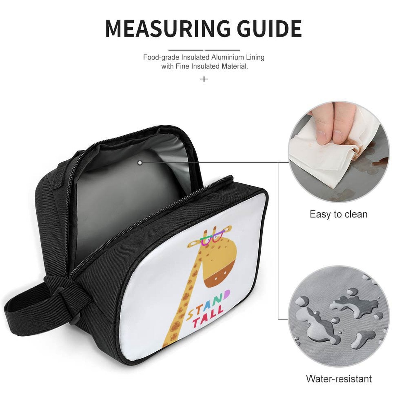 MyArtsyGift giraffe lunch bag: insulated aluminum lining, 'Stand Tall' design, easy clean and water-resistant, for kids.