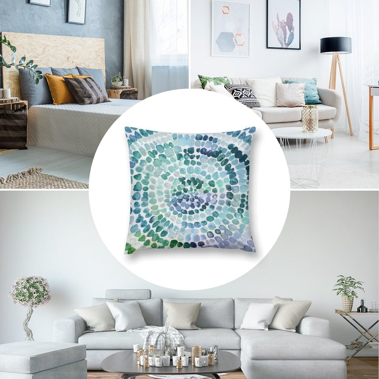 Blue and green abstract throw pillow cover. Soft, fluffy short plush material, for sofa or couch. Decorative and cozy.