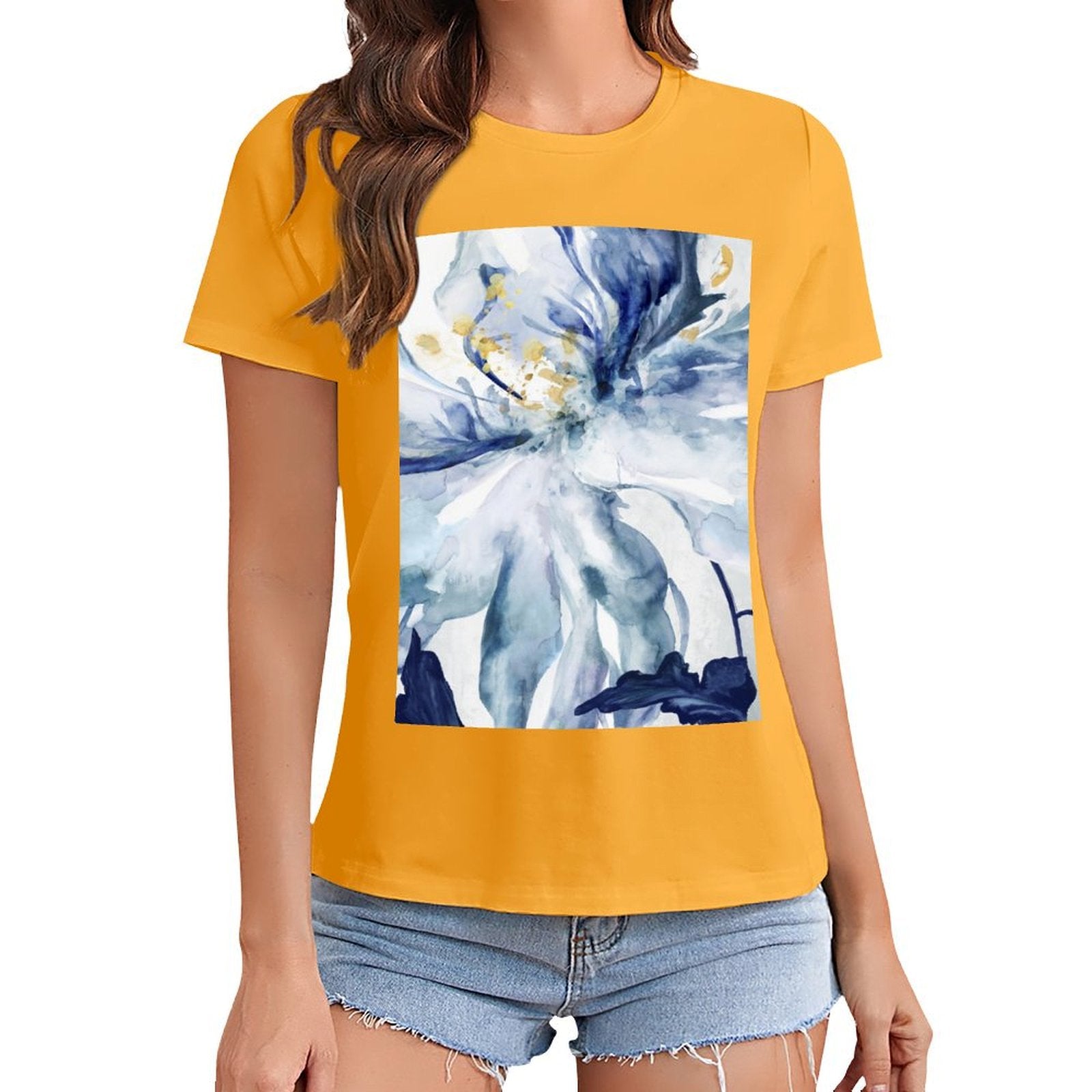 MyArtsyGift women's golden yellow crewneck t-shirt featuring a blue floral graphic print.