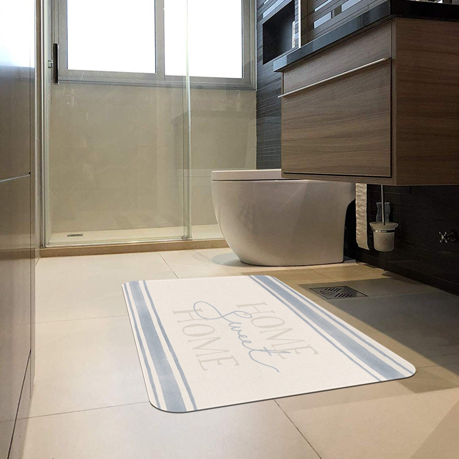 Sweet Home doormat with blue stripes in a bathroom, indoor or outdoor use rubber floor mat