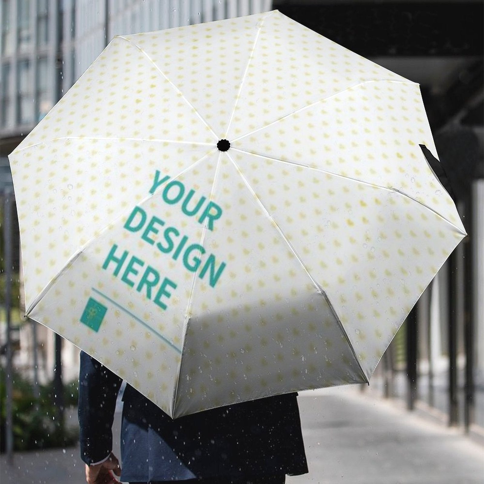 Customizable 3-fold umbrella with 'Your Design Here' text and heart pattern, windproof and UV resistant.