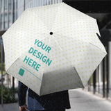 Customizable 3-fold umbrella with 'Your Design Here' text and heart pattern, windproof and UV resistant.