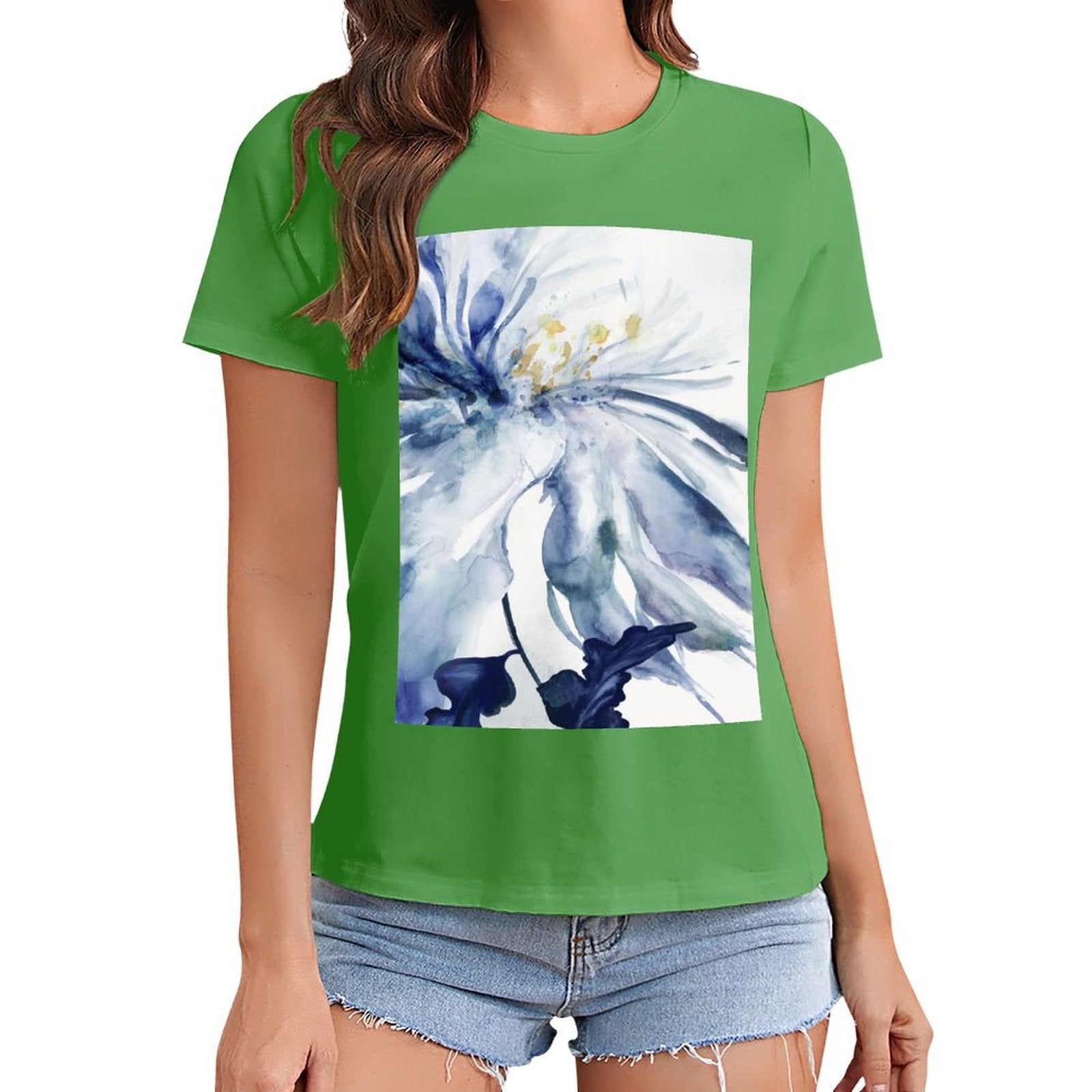 Women's green t-shirt with watercolor floral design, MyArtsyGift short sleeve crewneck