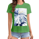 Women's green t-shirt with watercolor floral design, MyArtsyGift short sleeve crewneck