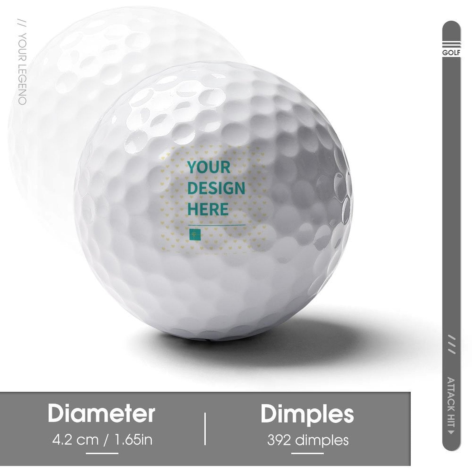 Customizable golf ball with personalized design, perfect for men, featuring product details: diameter, dimples, golf gifts