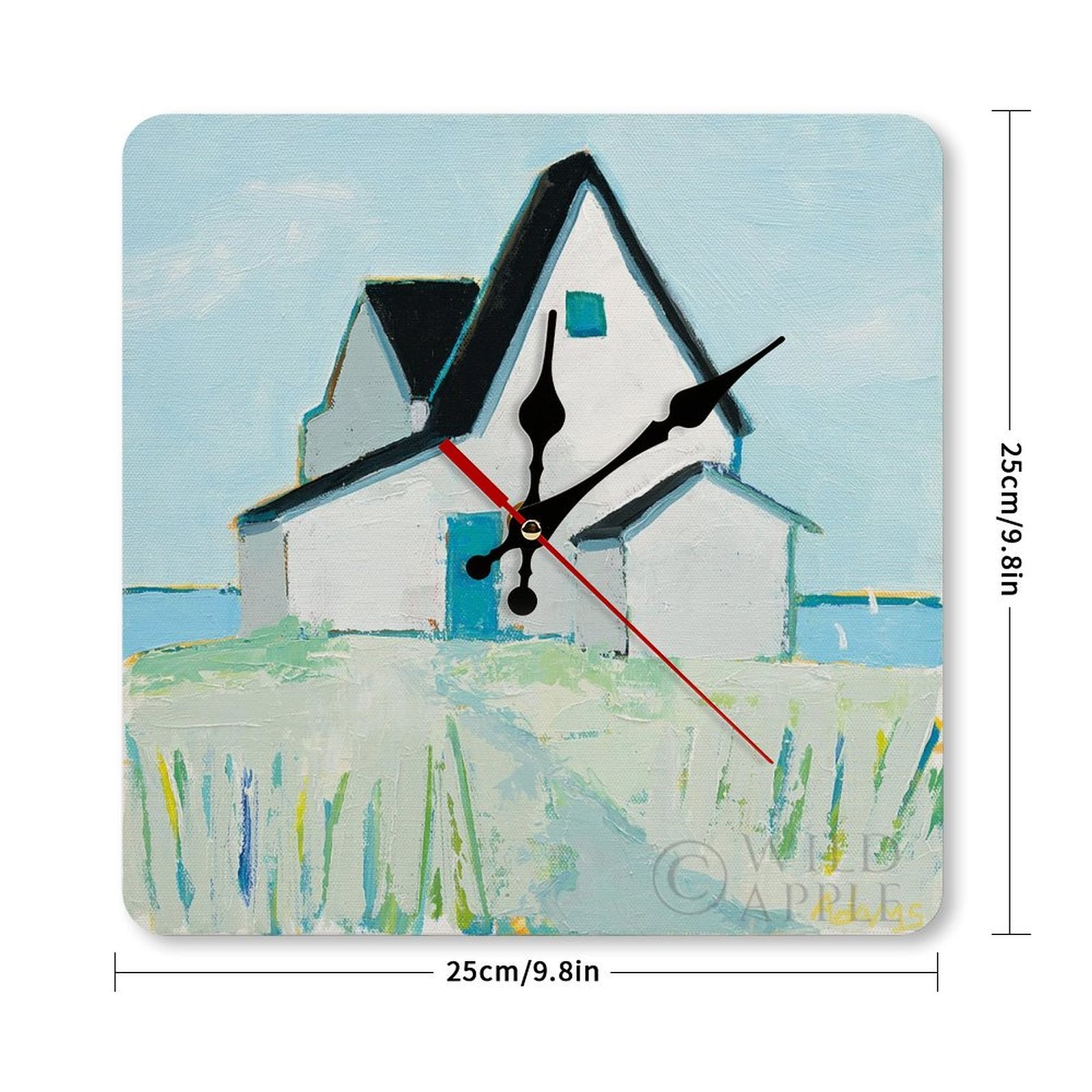 Square wooden wall clock with coastal cottage art; Silent sweeping movement. Ideal for home decor and kitchen.