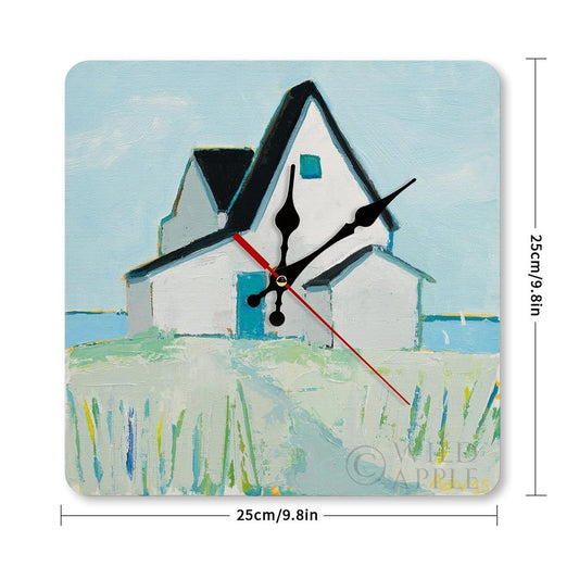 Square wooden wall clock with coastal cottage art; Silent sweeping movement. Ideal for home decor and kitchen.