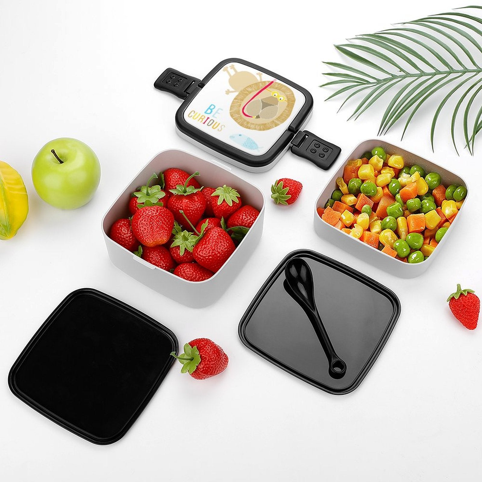 Kids' double-layer bento lunch box with lion design, "Be Curious" text, for school lunch