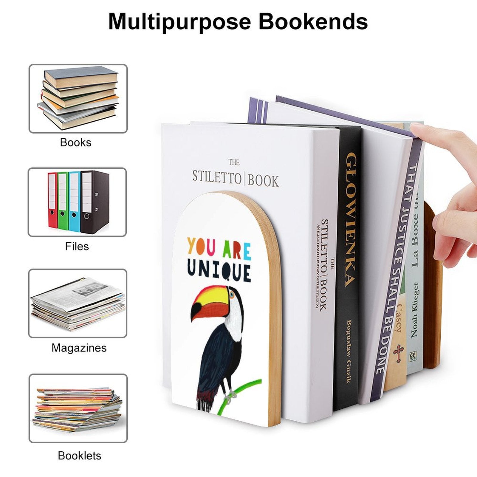 Toucan design wooden bookends for library or office, holding books and files. Features the quote 'YOU ARE UNIQUE'.