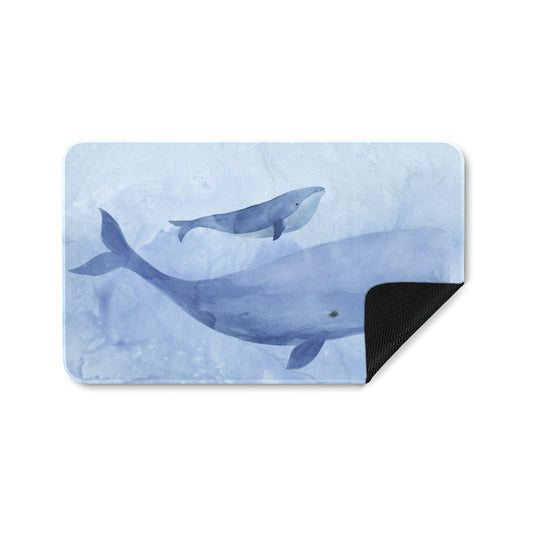 Blue Whale Entrance Doormat, Rubber Floor Mat, Blue watercolor whale art.
