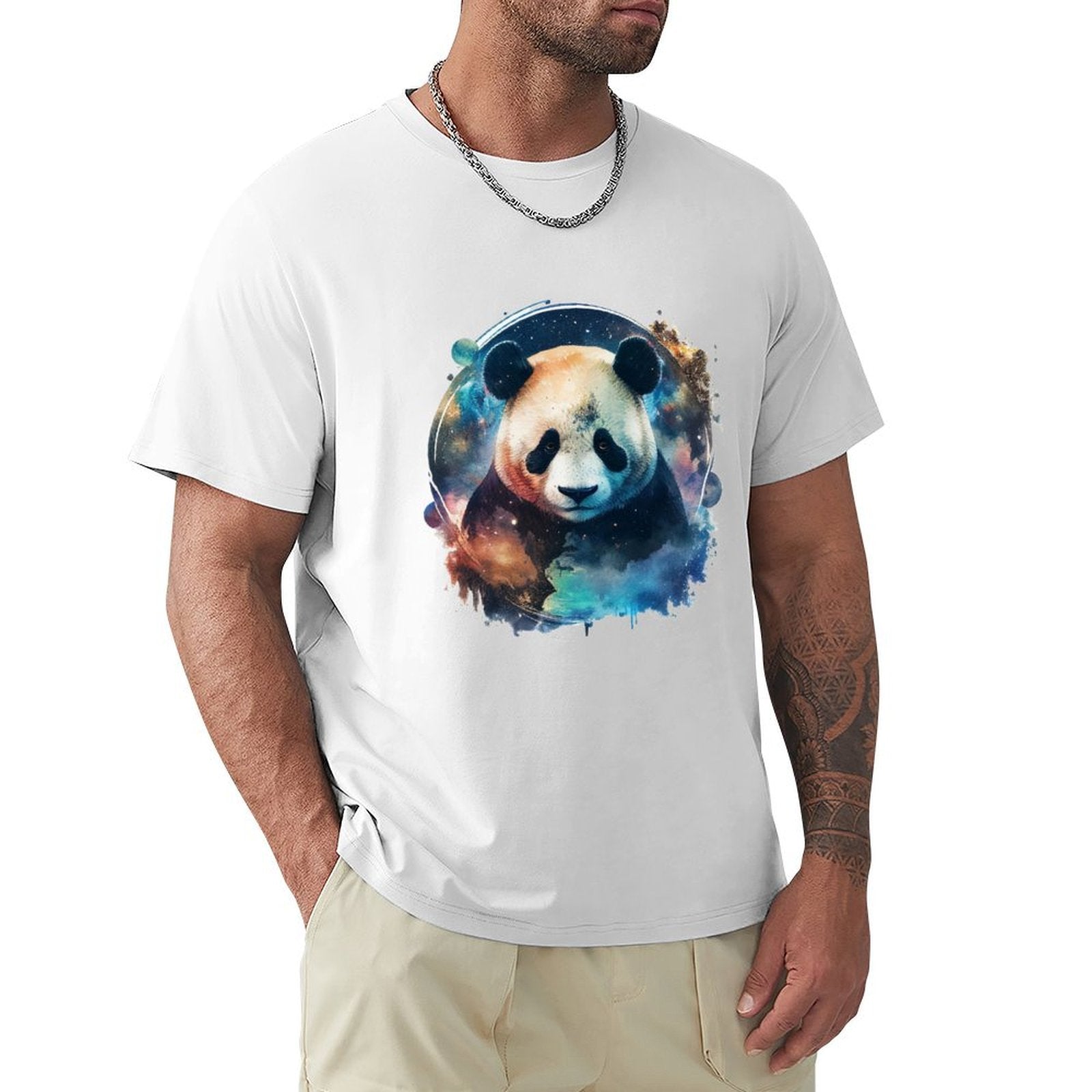 Men's white cotton t-shirt with watercolor panda graphic, comfortable crew neck tee for men