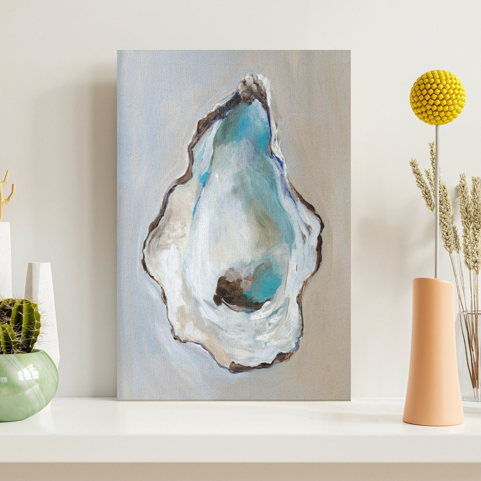 Oyster Modern Wall Art Canvas Painting in Living Room. Blue Oyster Shell Design.