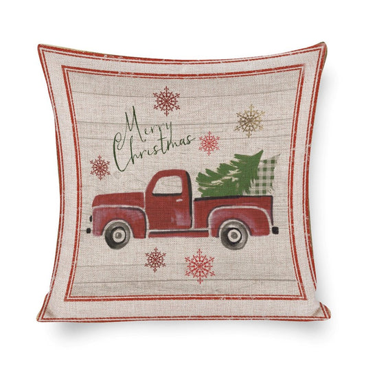 Cotton linen Merry Christmas pillow cover with red truck and Christmas tree