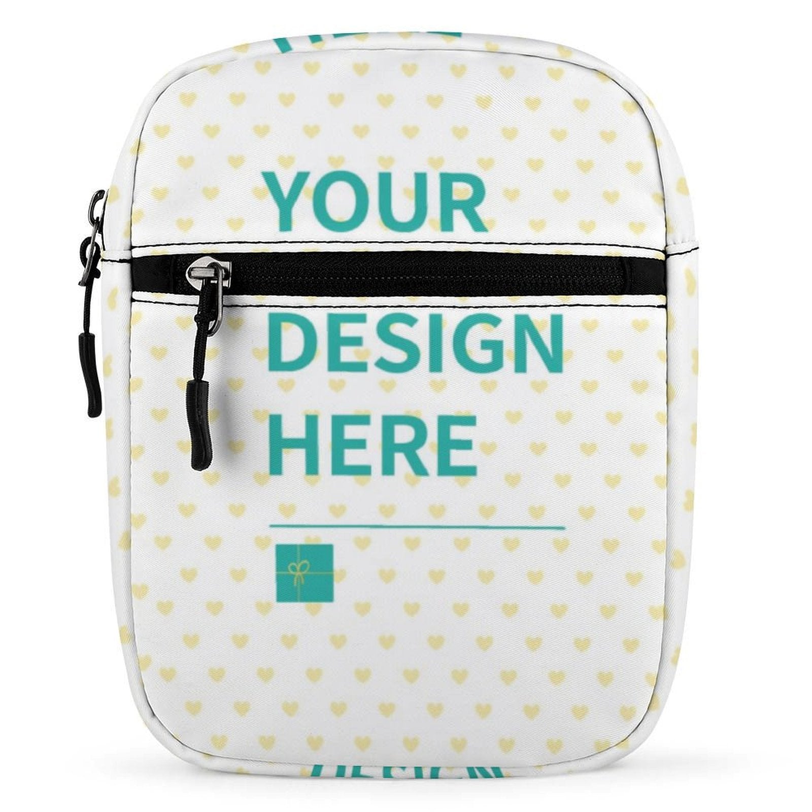 Customizable small crossbody bag in white oxford cloth, with "YOUR DESIGN HERE" text, perfect gift