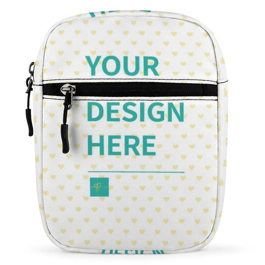 Customizable small crossbody bag in white oxford cloth, with "YOUR DESIGN HERE" text, perfect gift